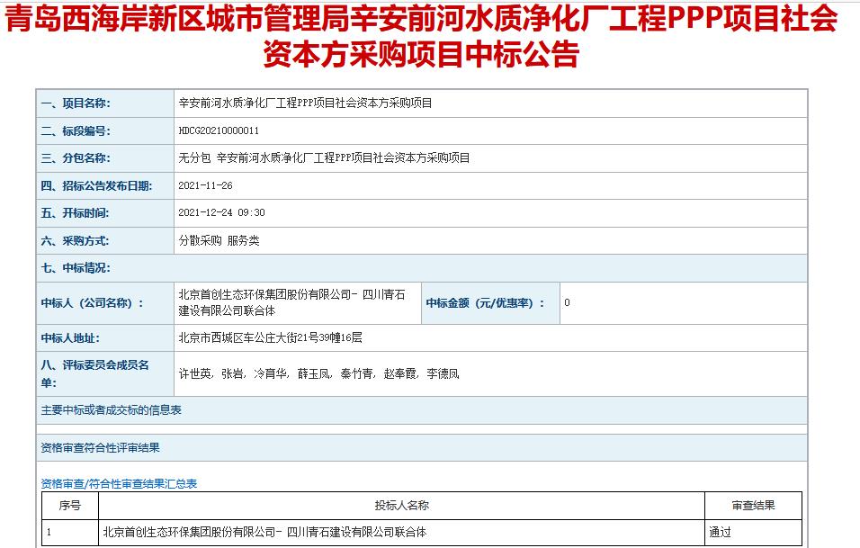 首创环保牵头中标青岛市辛安前河水质净化厂工程ppp项目 新闻资讯 第1张